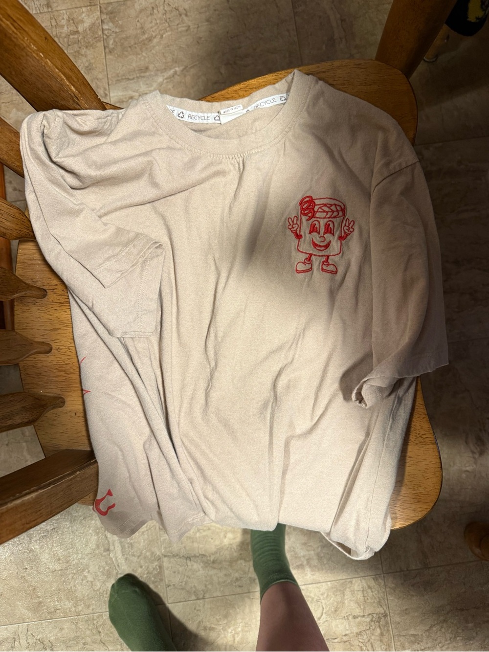 Beige Short-Sleeve Graphic Tee with Red Chest Motif
